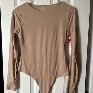 Fitted Asymmetrical Tan Long Sleeve Bodysuit